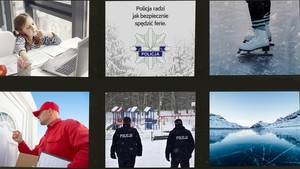 Kolaż 6 zdjęć: Pierwsze od lewej zdjęcie przedstawia dziecko siedzące przy komputerze, drugie: zaśnieżone drzewa a pomiędzy gwiazda policyjna, trzecie: łyżwiarkę na lodzie, czwarte: mężczyznę pukającego do drzwi, piąte: policjantów kontrolujących plac zabaw, szóste: zamarznięte jezioro.