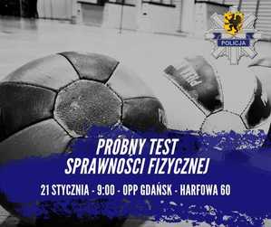 Grafika obrazkowa. Sala gimnastyczna, piłka i biały napis o treści: Próbny test sprawności fizycznej.