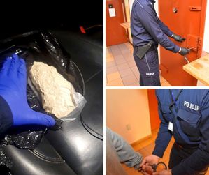 Kolaż 3 zdjęć: 1) zabezpieczony przez funkcjonariuszy worek z białym proszkiem, 2) policjant zakładający kajdanki na ręce zatrzymanego mężczyzny, 3)funkcjonariusz zamykający drzwi do celi