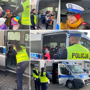 Kolaż zdjęć z działań prewencyjnych. Policjanci radiowozy, praca funkcjonariuszy.