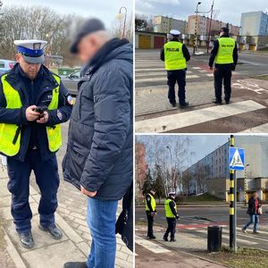 Kolaż zdjęć z działań prewencyjnych. Policjanci radiowozy, praca funkcjonariuszy.