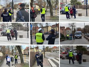 Kolaż zdjęć ukazujących funkcjonariuszy ruchu drogowego w czasie pracy.