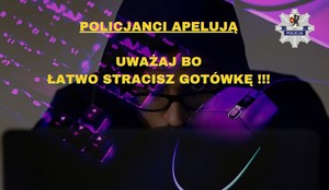 Grafika obrazkowa. Podświetlona fioletowym światłem klawiatura i mysz. Przenikająca przez tę klawiaturę twarz oszusta w kapturze. Po prawej gwiazda policyjna, a na środku żółty napis o treści: Uważaj bo łatwo stracisz gotówkę.