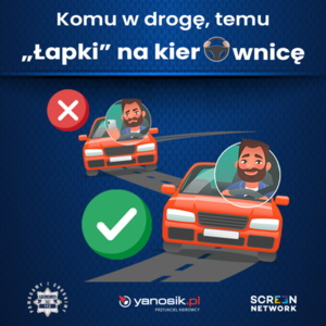 Grafika obrazkowa przedstawiająca kierowcę z telefonem komórkowym oraz kierowcę, który trzyma obie ręce na kierownicy. Poniżej loga i znaki graficzne uczestników prowadzonej akcji.