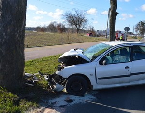 Widok rozbitego peugeota stojącego przy drzewie, w które uderzył.