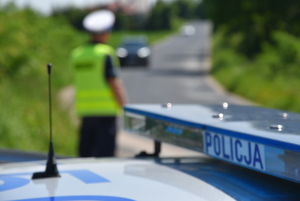 Na pierwszym planie kogut policyjnego radiowozu, a za nim policjant i jadący drogą pojazd.