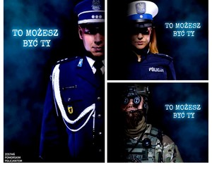 Kolaż 3 zdjęć z policjantami. Na każdym z nich napis o treści: To możesz być Ty.