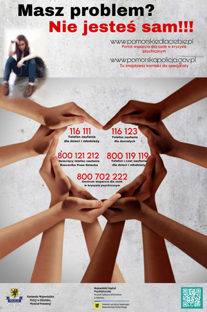 Plakat informacyjny zawierający numery telefonów do placówek pomocowych otoczonych wieńcem ze splecionych ludzkich dłoni.