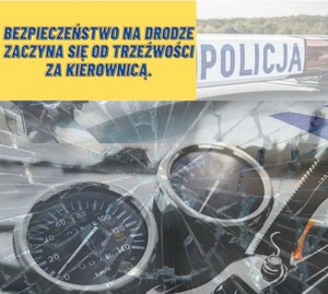 Grafika obrazkowa. Liczniki motocykla widziane przez rozbitą szybę. Policyjny kogut z napisem Policja oraz żółty napis o treści Bezpieczeństwo na drodze zaczyna się od trzeźwości za kierownicą.