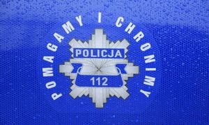 Logo policji na drzwiach radiowozu.