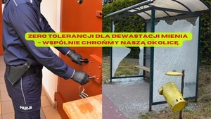 Grafika obrazkowa. Po lewej stronie policjant zamykający drzwi od celi, a po prawej zdjęcie zdewastowanego przystanku.
