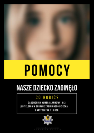 Widok rozmytej twarzy dziecka. Poniżej czarny napis na żółtym tle o treści Pomocy.