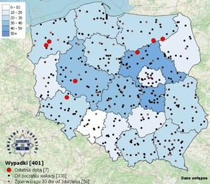 Mapa Polski z zaznaczonymi punktami informującymi o śmiertelnych wypadkach drogowych.