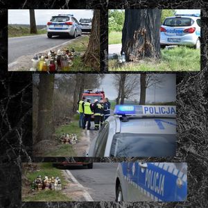 Kolaż zdjęć z miejsc, w których doszło do wypadków drogowych. Na każdym zdjęciu radiowóz policyjny, droga i znicze.