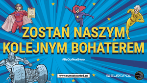 Kolorowy plakat z super bohaterami zachęcający do udziału w akcji.