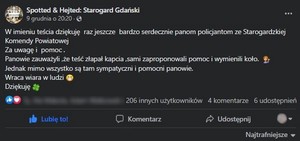 Zrzut ekranu przedstawiającym treść podziękowań umieszczonych na jednym z portali społecznościowych.