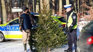 Mężczyzna trzymający choinkę rozmawia z policjantem. W tle oznakowany radiowóz policyjny.