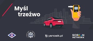 Baner akcji pn. Myśl trzeźwo. Grafika obrazkowa. Loga organizatorów, czerwone auto, żółty alkomat, budynki w tle oraz biały napis o treści Myśl trzeźwo.