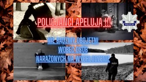 Grafika obrazkowa. Kolaż 4 czarnobiałych zdjęć przedstawiający interweniujących policjantów i osoby narażone na wychłodzenie.