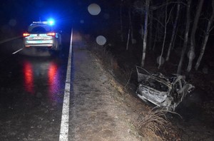 Droga przebiegająca przez las. Po lewej stronie radiowóz z włączonymi błyskami, a po prawej stronie na poboczu rozbite i spalone auto.