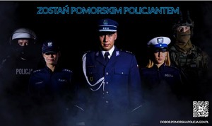 Plakat dotyczący doboru. Na ciemnym tle policjanci i policjantki w mundurach galowych i ćwiczebnych.