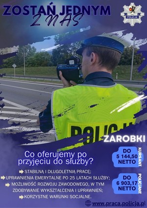 Grafika obrazkowa. Policjant z drogówki mierzy prędkość pojazdów. Powyżej niebieski napis: Zostań jednym z nas.