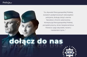 Wizerunek, popiersie policjanta z policjantką w umundurowaniu ćwiczebnym. Napis o treści: Dołącz do nas.