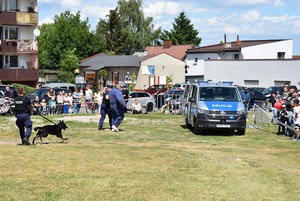 Zdjęcie w plenerze. Dzieci przedstawiciele służb mundurowych w czasie festynu z okazji Dnia Dziecka.