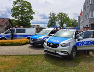 Policjanci stoją przy radiowozach i oddają hołd.