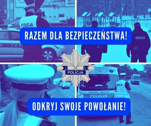 Grafika obrazkowa. Kolaż 4 zdjęć prezentujący policjantów w codziennej służbie.