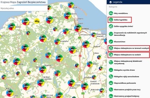 Zrzut ekranu z aplikacji krajowej mapy zagrożeń przedstawiający mapę oraz możliwe do zaznaczenia zagrożenia.