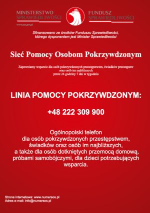 Ulotka informacyjna białe napisy na czerwonym tle, która zawiera informacje opisane w tekście komunikatu prasowego.