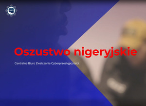 Grafika obrazkowa. Niebieskie tło oraz czerwony napis o treści oszustwo Nigeryjskie.