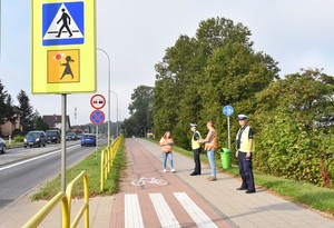 Policjanci i przedstawiciele Generalnej Dyrekcji Dróg Krajowych i Autostrad stoją przy drodze DK 22 i kontrolują oznakowanie.