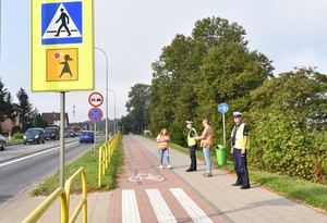 Policjanci i przedstawiciele Generalnej Dyrekcji Dróg Krajowych i Autostrad w trakcie kontrolowania oznakowania przejść dla pieszych w rejonach szkół usytuowanych przy drodze krajowej nr 22.