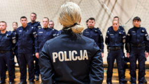 Policjantka zwrócona twarzą do stojących na przeciwko, w szeregu policjantów.