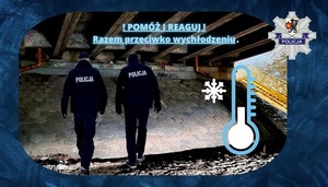 Grafika obrazkowa. Policjanci kontrolują miejsce pod wiaduktem. Po prawej stronie grafika termometru z ujemną temperaturą oraz policyjna gwiazda.