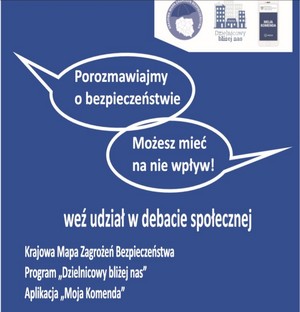 Grafika obrazkowa promująca udział w debacie. Białe napisy na niebieskim tle.