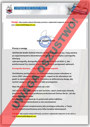 Wzór dokumentu wysyłanego przez oszustów przekreślony czerwonym paskiem z czarnym napisem o treści: Uwaga Oszustwo!