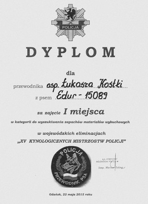 Dyplom za zajęcie I miejsca w zawodach na szczeblu wojewódzkim.