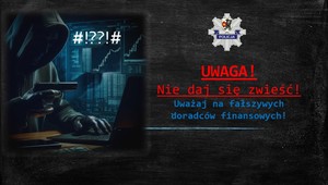 Grafika obrazkowa w ciemnych barwach przedstawiająca hakera komputerowego z pistoletem w ręku. W prawej części napis: Uwaga! Nie daj się zwieźć! Uważaj na fałszywych doradców finansowych!