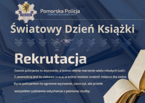 Grafika obrazkowa promująca dzień książki oraz rekrutację do służby w Policji.
