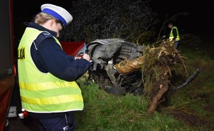 Zdjęcie z miejsca wypadku drogowego. Policjanci pracują na miejscu zdarzenia.