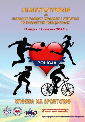 Plakat akcji charytatywnej. Czerwone serce i czarne postacie osób uprawiających sport.