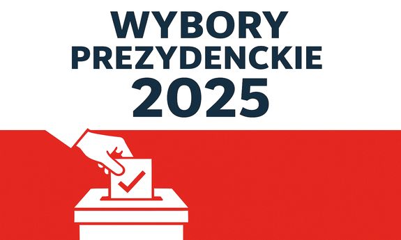 Grafika obrazkowa dotycząca wyborów. Czarny napis Wybory prezydenckie 2025 na tle białoczerwonym.