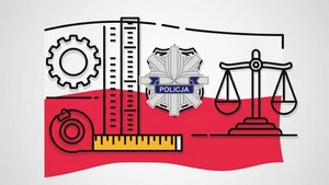Na białoczerwonym tle rysunek koła zębatego, miary, wagi , a w centralnej części policyjna gwiazda.