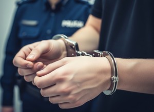 Ręce z założonymi kajdankami, a w tle funkcjonariusz w mundurze z białym napisem Policja.
