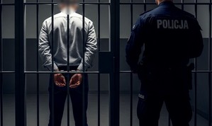 Policjant stoi przy kratach, za którymi znajduje się zatrzymany mężczyzna. Mężczyzna ma założone na dłoniach kajdanki. Pomieszczenie ciemne, mroczne.