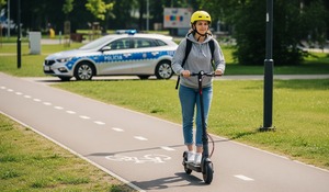 Kobieta jedzie na hulajnodze. Na głowie ma założony kask. W tle policyjny radiowóz.
