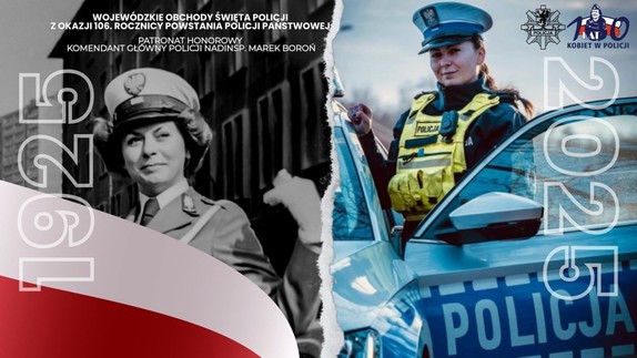 Zaproszenie na Wojewódzkie Obchody Święta Policji z okazji 106 rocznicy powstania Policji Państwowej.
Po lewej stronie rok 1925 i czarnobiałe zdjęcie policjantki z Ruchu Drogowego, a po prawej rok 2025 i kolorowe zdjęcie Policjantki Ruchu Drogowego.